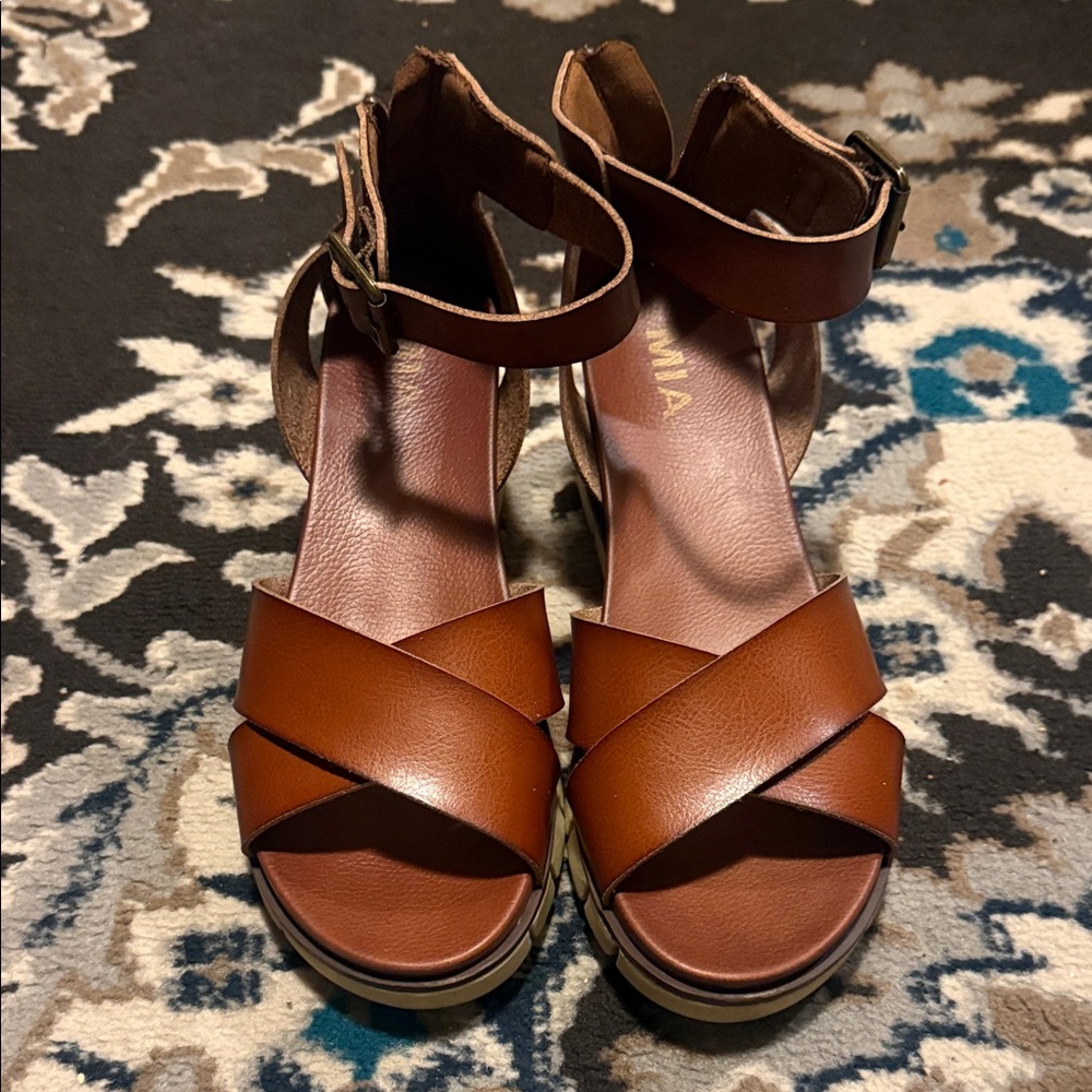 MIA Cognac Brown Genuine Leather Ankle Strap Wedge Sandals